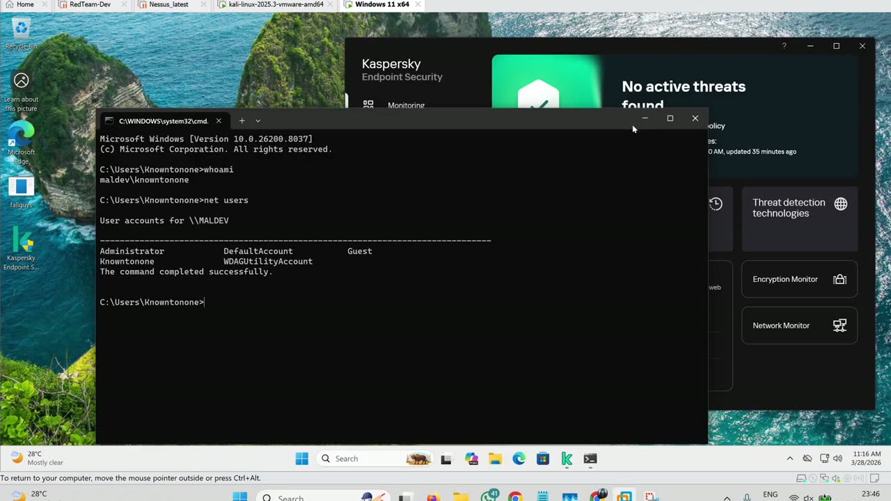PoC frame from the Kaspersky test: the RAT command channel alive inside the lab VM